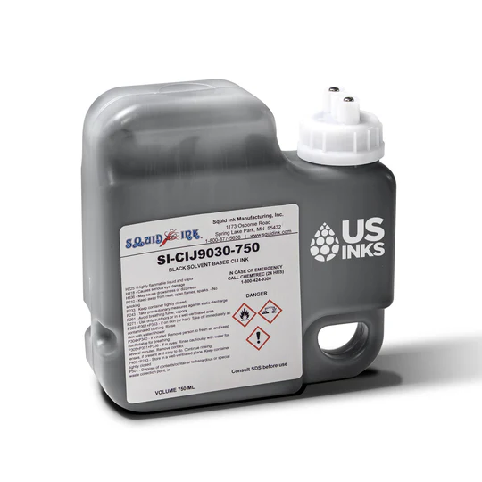 CIJ 9030-750 Black Ink, MEK based, ultra-premium for bar coding and condensation or oil coated products, also available in six 750ml cartridges per case